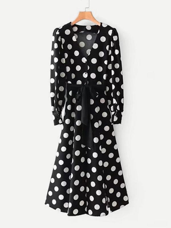 Shein Puff Sleeve Self Tie Spot Dress