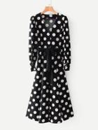 Shein Puff Sleeve Self Tie Spot Dress