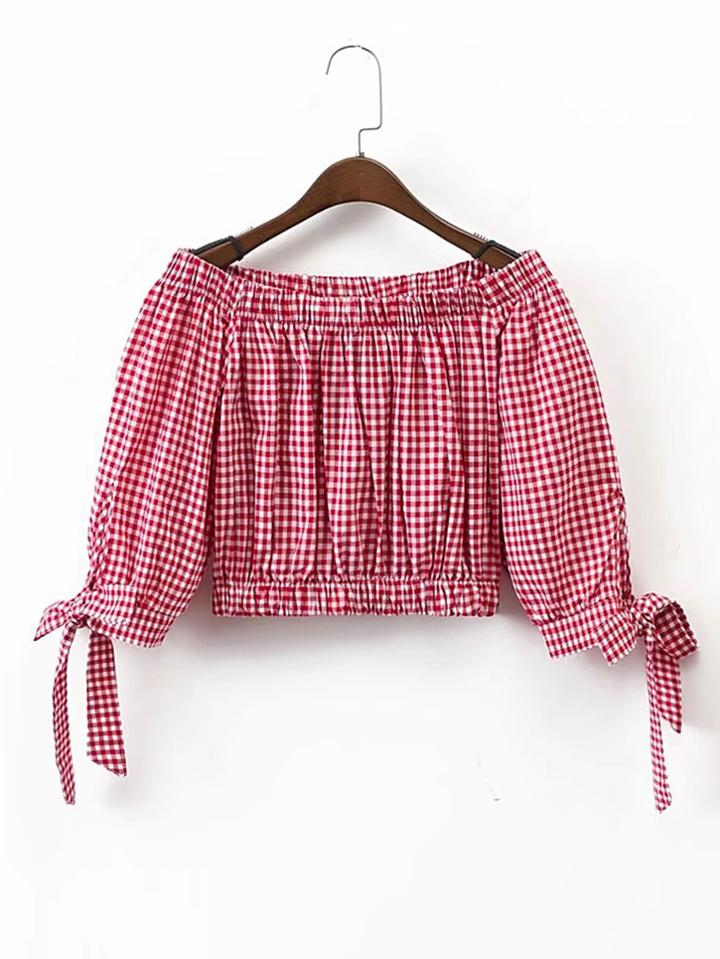 Shein Boat Neckline Bow Tie Cuff Grid Top