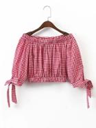 Shein Boat Neckline Bow Tie Cuff Grid Top
