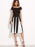 Shein Black Bow Tie Back Top With Contrast Vertical Striped Skirt