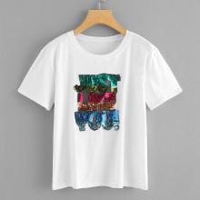 Shein Contrast Sequin Slogan Front Tee