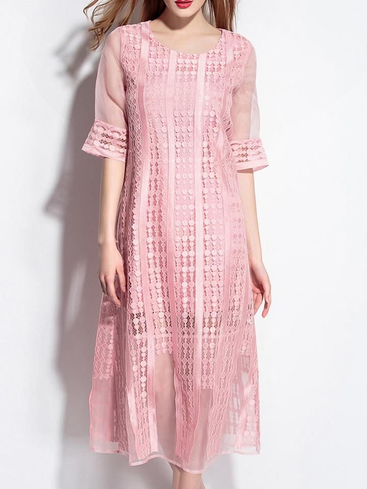 Shein Pink Sheer Midi Lace Dress