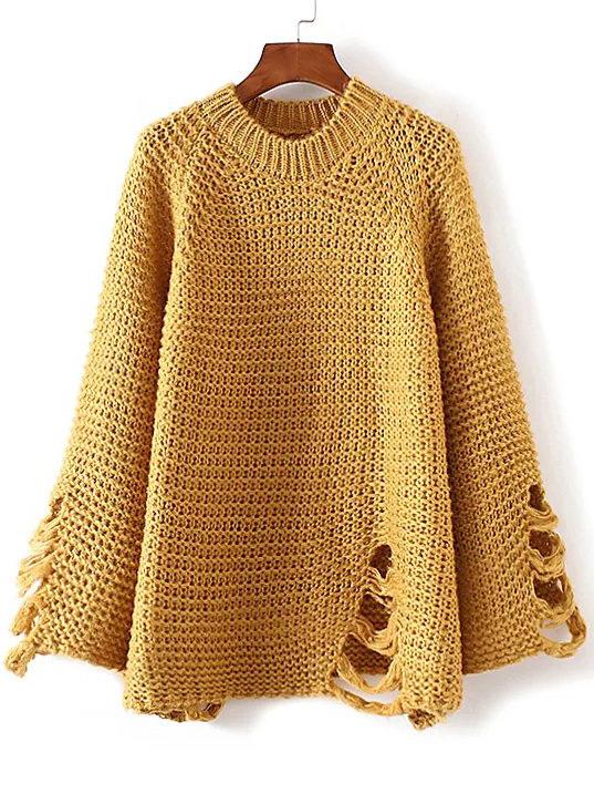 Shein Yellow Crew Neck Raglan Sleeve Ripped Sweater