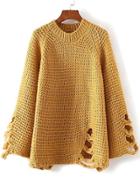 Shein Yellow Crew Neck Raglan Sleeve Ripped Sweater