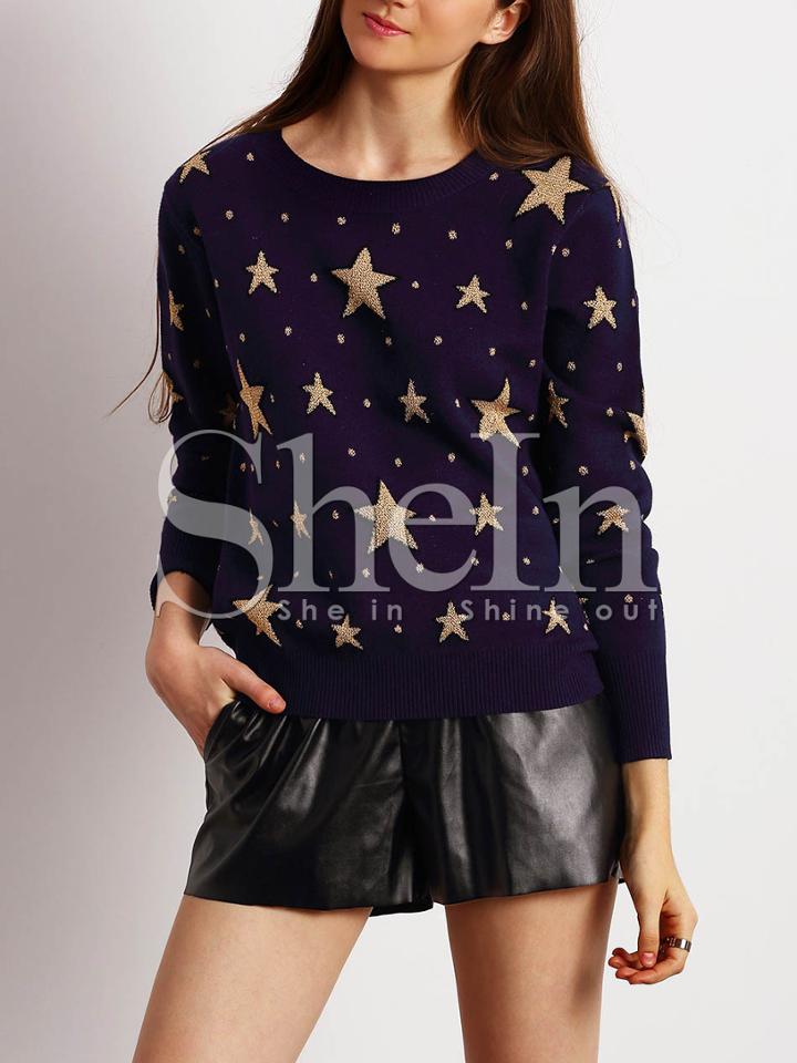 Shein Navy Crew Neck Star Sweater