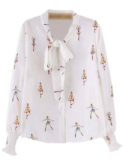 Shein White Tie Neck Bow Girl Print Chiffon Blouse