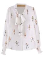 Shein White Tie Neck Bow Girl Print Chiffon Blouse