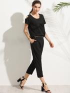 Shein Black Open Shoulder Zipper Jumpsuit