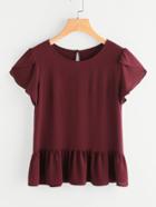 Shein Keyhole Back Tulip Sleeve Frilled Hem Top