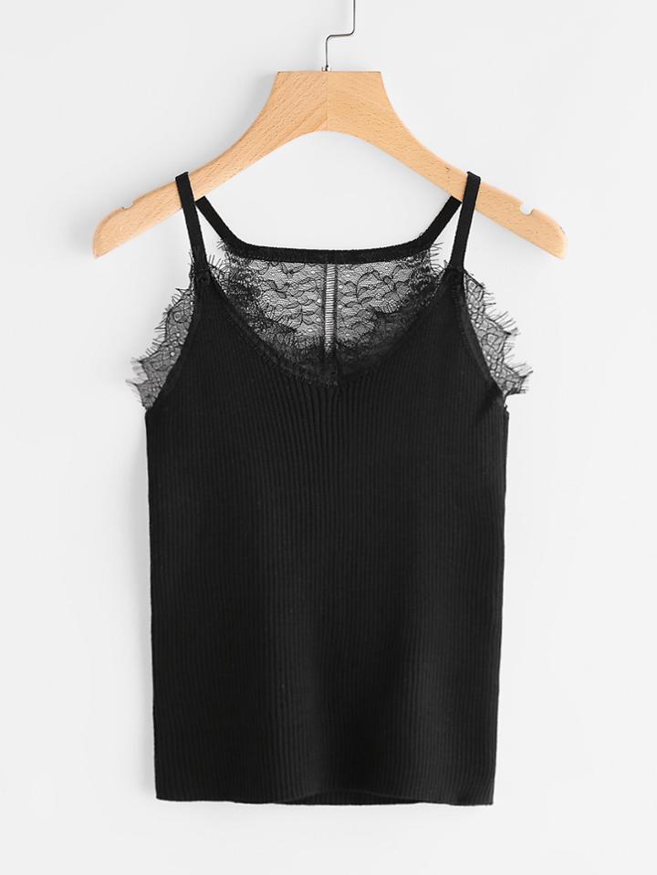 Shein Eyelash Lace Panel Ribbed Cami Top