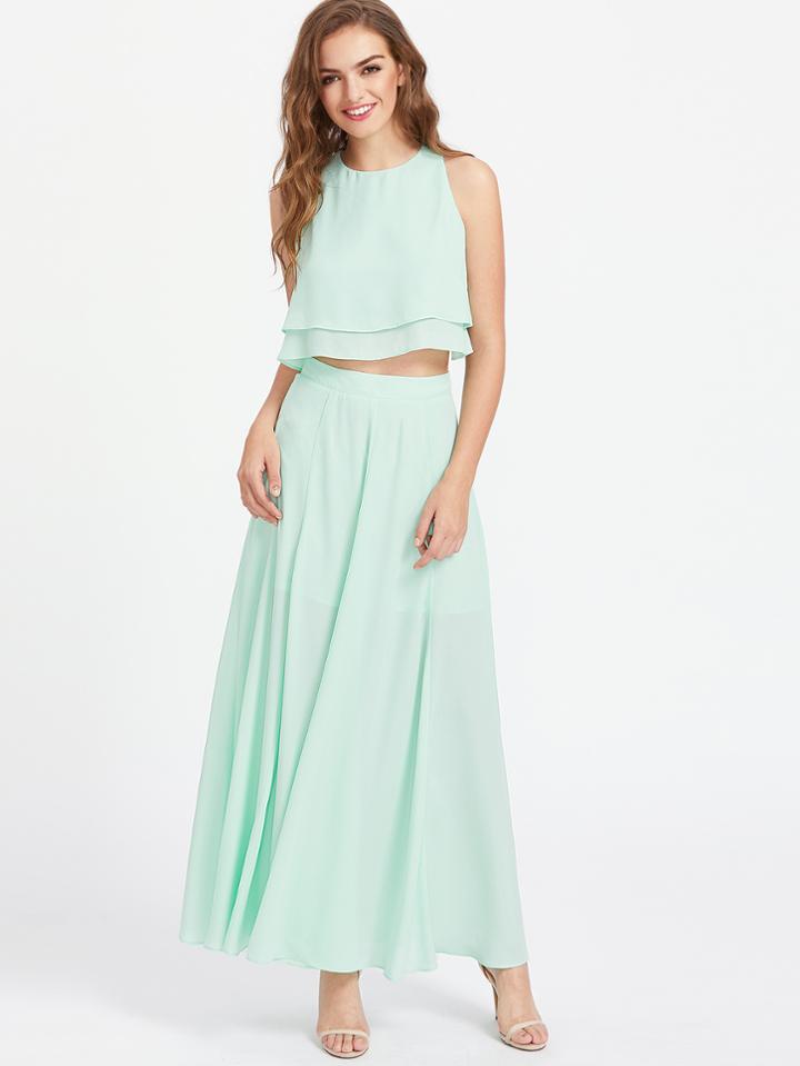 Shein Keyhole Two Layer Trapeze Top And Skirt Set