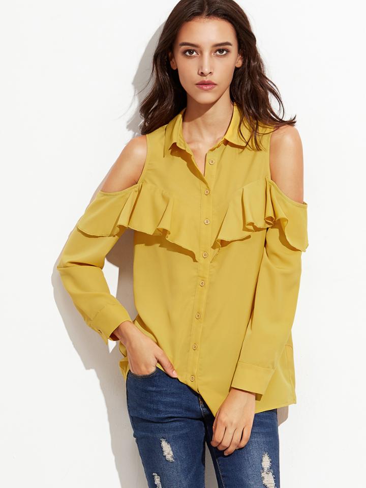 Shein Yellow Open Shoulder Button Up Ruffle Blouse