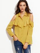 Shein Yellow Open Shoulder Button Up Ruffle Blouse