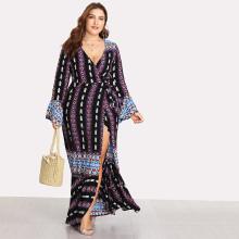 Shein Plus Deep V Neckline Fluted Sleeve Geo Print Dress