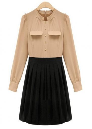 Rosewe Beige And Black Color Blocking Long Sleeve Dress