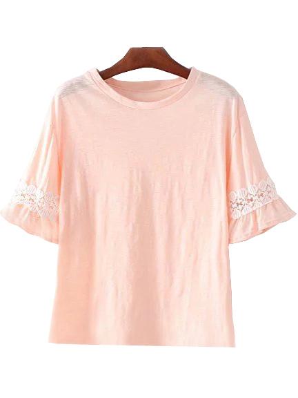 Shein Pink Bell Sleeve Crochet T-shirt
