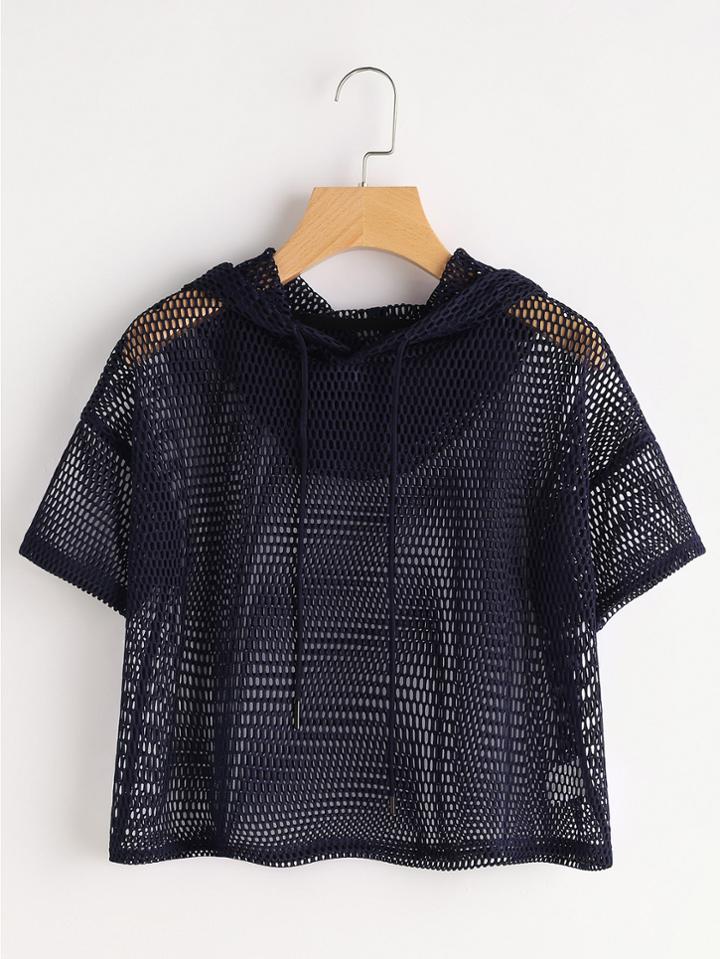 Shein Drop Shoulder Crop Fishnet Hooded Top