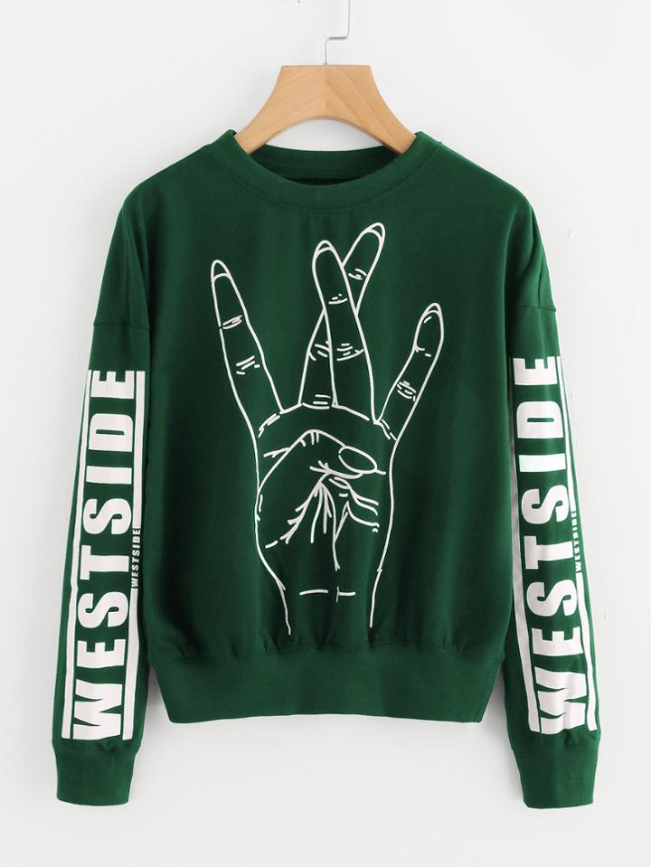 Shein Letter & Gesture Print Drop Shoulder Pullover