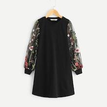 Shein Girls Mesh Embroidered Sleeve Tunic Dress