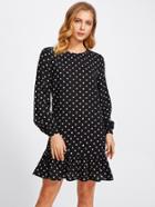 Shein Lantern Sleeve Frill Trim Polka Dot Dress