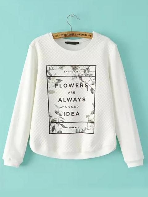 Shein White Round Neck Letters Print Sweatshirt