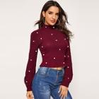 Shein High Neck Pearls Beaded Lantern Sleeve Top