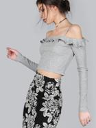 Shein Sleeved Cold Shoulder Frill Crop Top Heather Grey