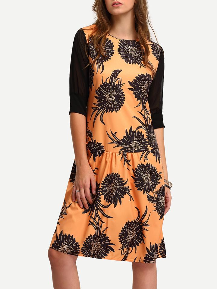 Shein Flower Print Contrast Sleeve Drop Waist Dress