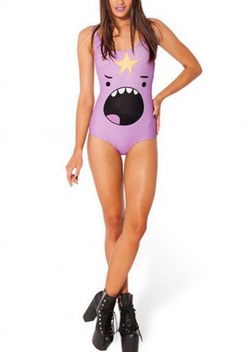 Rosewe Ladylike Purple Carton Pattern Woman One Pieces Swimwear