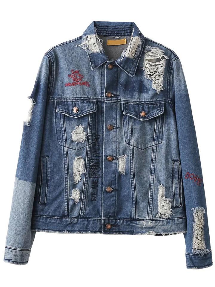 Shein Blue Letter Embroidery Ripped Detail Denim Jacket
