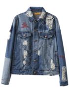 Shein Blue Letter Embroidery Ripped Detail Denim Jacket