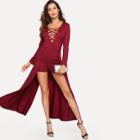 Shein Lace Up Front Solid Dip Hem Romper