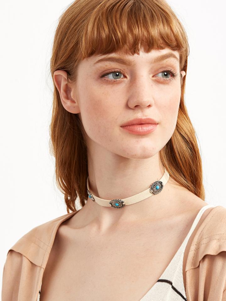 Shein Beige Geometric Carved Turquoise Choker Necklace