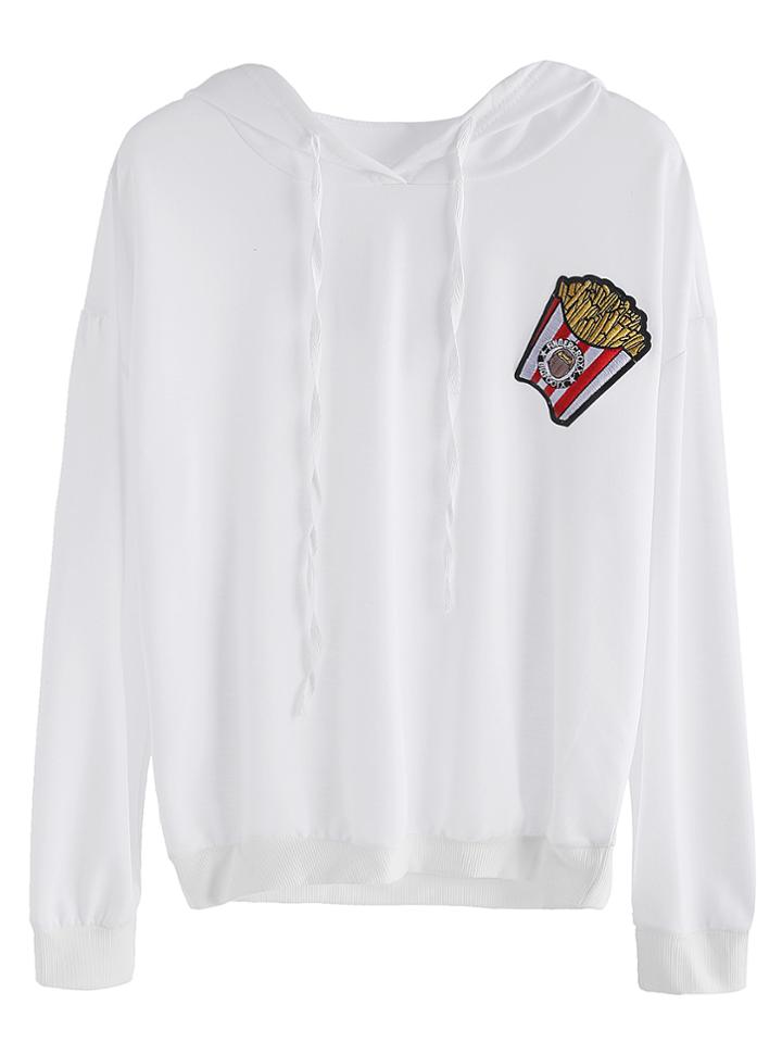 Shein White Chips Embroidered Patch Hooded Sweatshirt