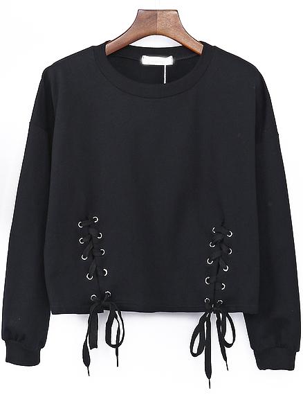 Shein Black Round Neck Lace Up Sweatshirt