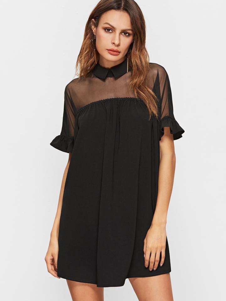 Shein Black Cutout Tie Back Mesh Shoulder Ruffle Cuff Babydoll Dress