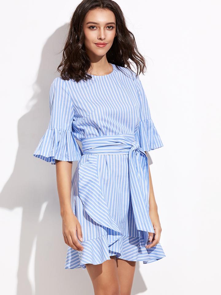 Shein Blue Vertical Striped Belted Ruffle Dress