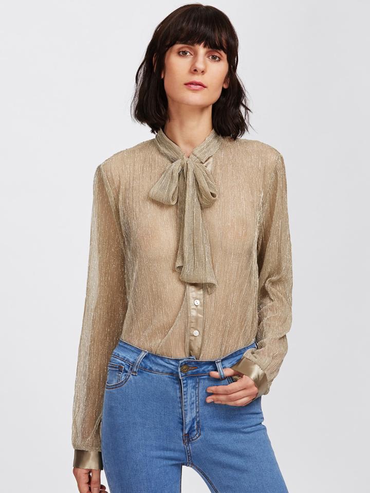 Shein Metallic Glitter Tied Neck Button Up Blouse