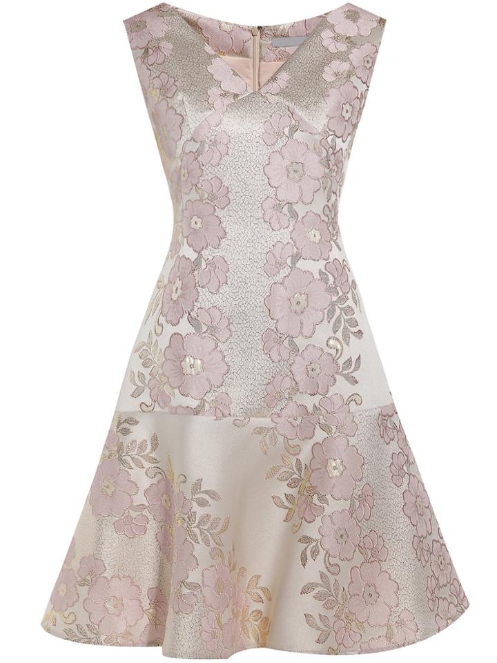 Shein Apricot V Neck Sleeveless Jacquard Dress