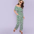 Shein Jungle Leaf Print Off Shoulder Belted Jumpsuit