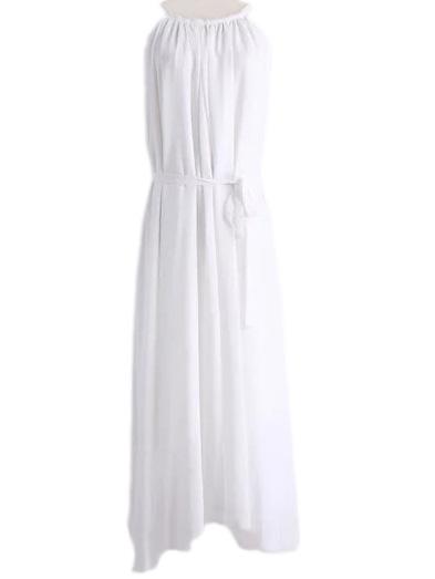 Shein White Tie-waist Bohemian Spaghetti Strap Chiffon Maxi Dress