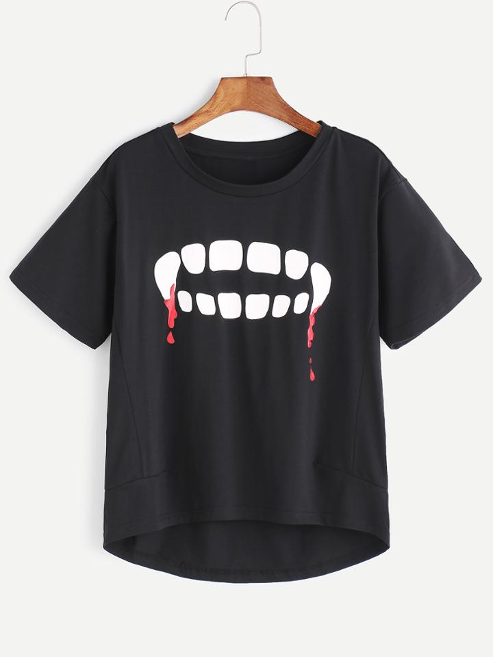 Shein Black Graffiti Print Dip Hem T-shirt