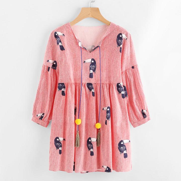 Shein Pom Pom Tassel Tie Neck Hornbill Print Babydoll Dress