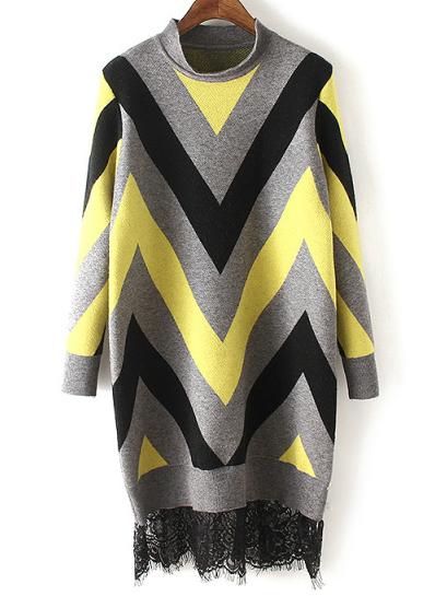 Shein Colour Stand Collar Wave Pattern Lace Sweater Dress