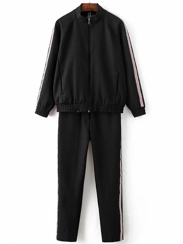 Shein Black Striped Zipper Jacket With Drawstring Pants
