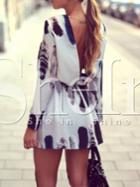 Shein White Long Sleeve V Back Print Dress