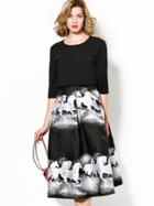 Shein Black Round Neck Length Sleeve Jacquard Dress