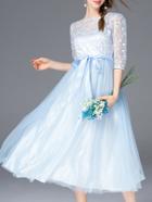 Shein Blue Gauze Embroidered Tie-waist Dress