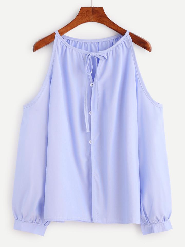 Shein Blue Cold Shoulder Tie Neck Button Top